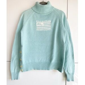 Polo Jeans Co. Ralph Lauren American Flag Sweater Cotton Turtleneck Large Teal